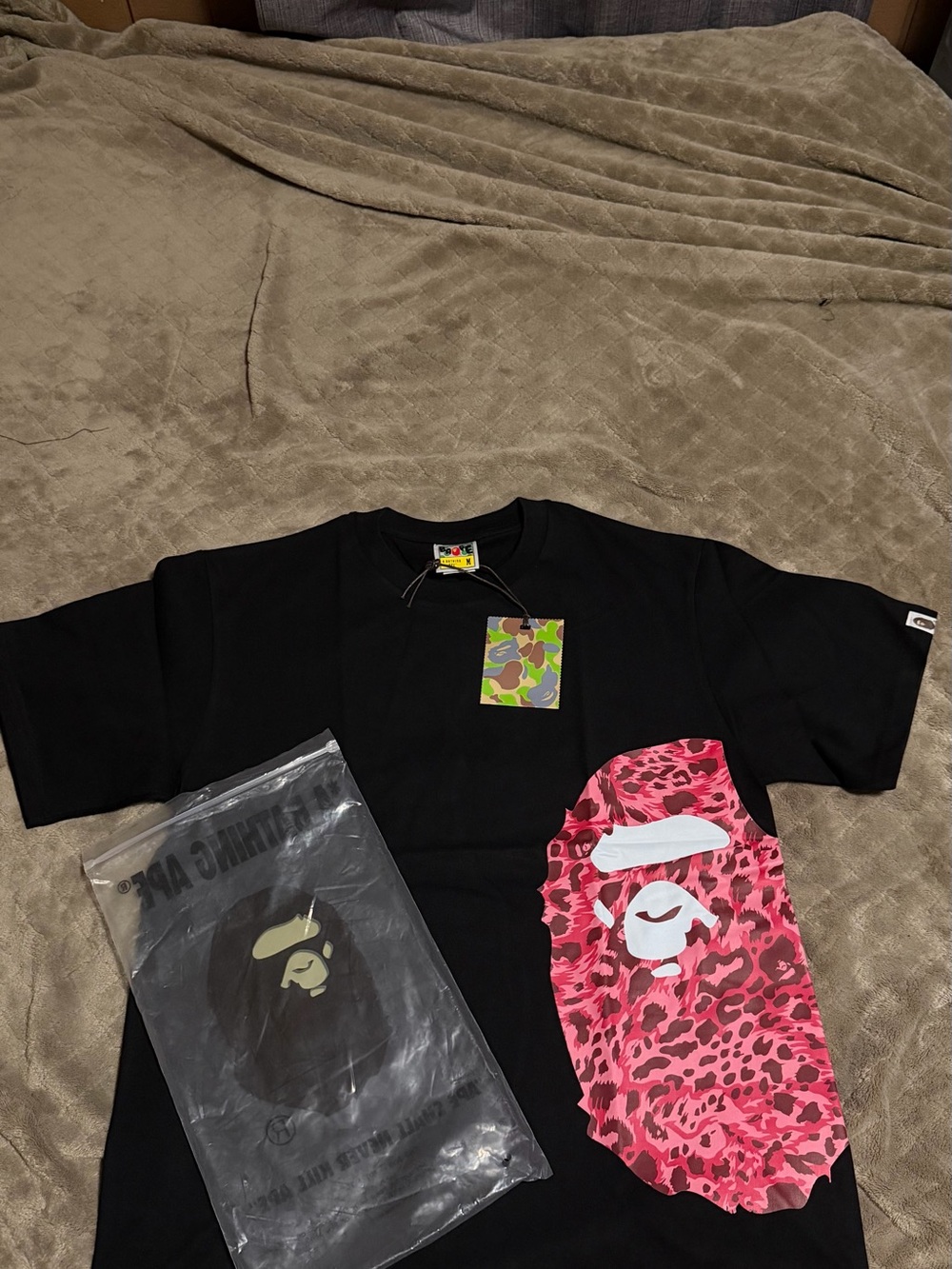 BAPE Men's Black Tee with Pink Camo Ape Graphic - Picture 1 of 3